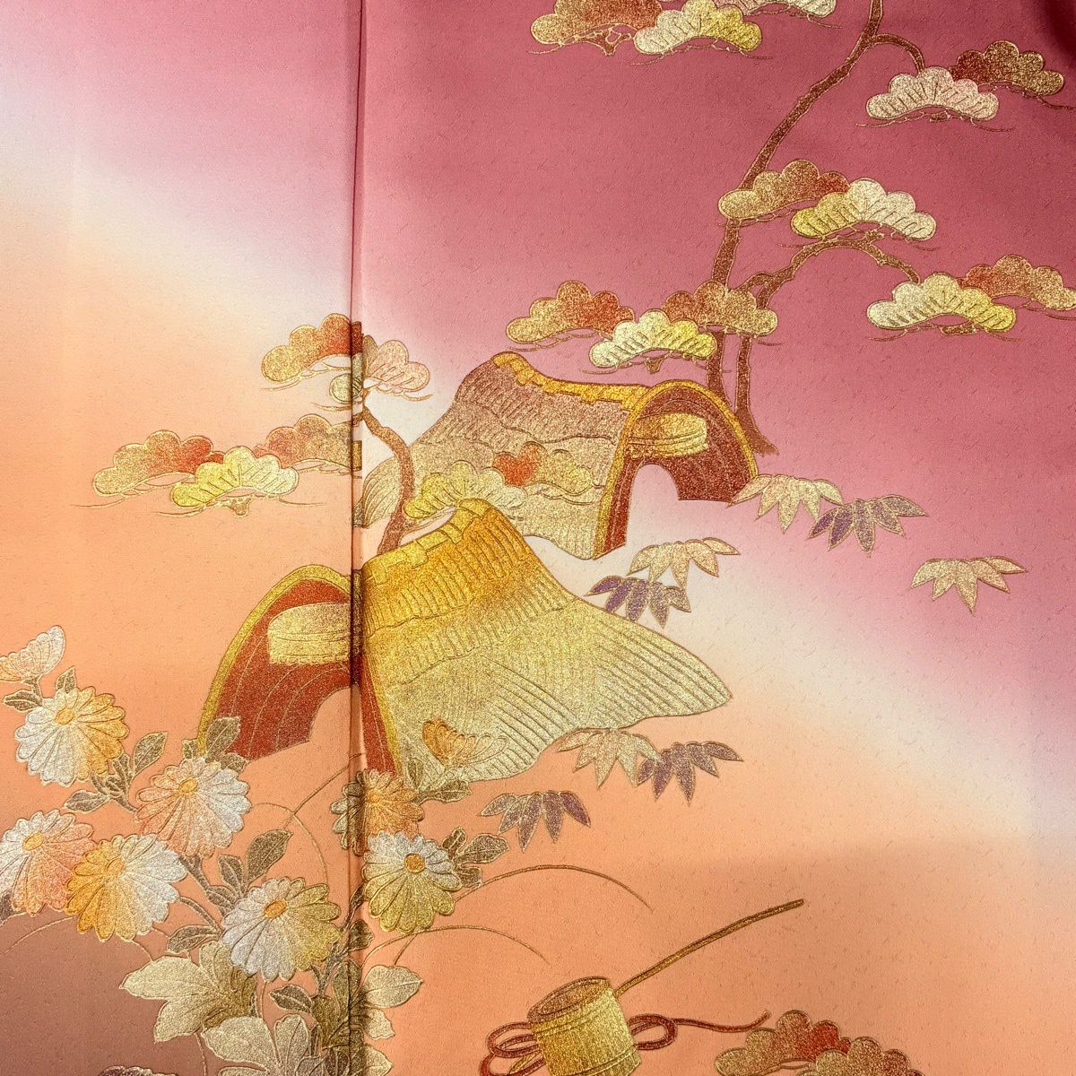 付下 身長165cm 袖長66.5cm M 雙層 和田光正 落款 草花紋紋 舟 金銀彩 漸層 粉紅 純蠶絲 名品級