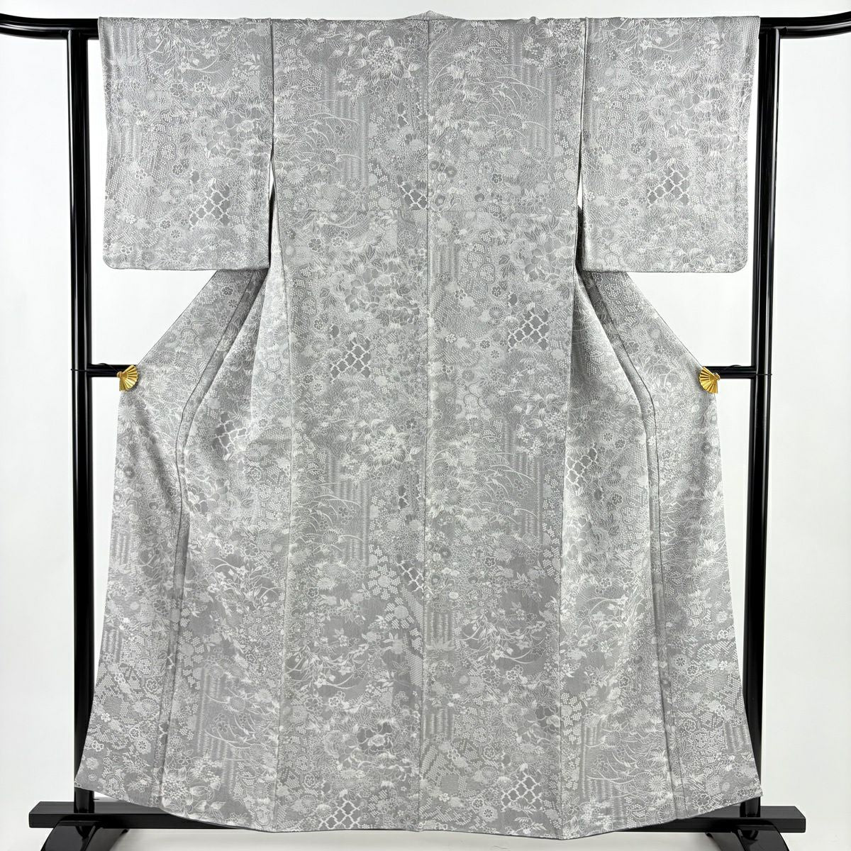 【美品】 小紋 身長157cm 袖長62.5cm S 雙層 草花紋紋 松樹皮菱紋意匠 灰 純蠶絲 名品級