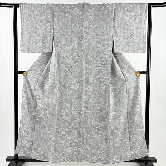 【美品】 小紋 身長157cm 袖長62.5cm S 雙層 草花紋紋 松樹皮菱紋意匠 灰 純蠶絲 名品級