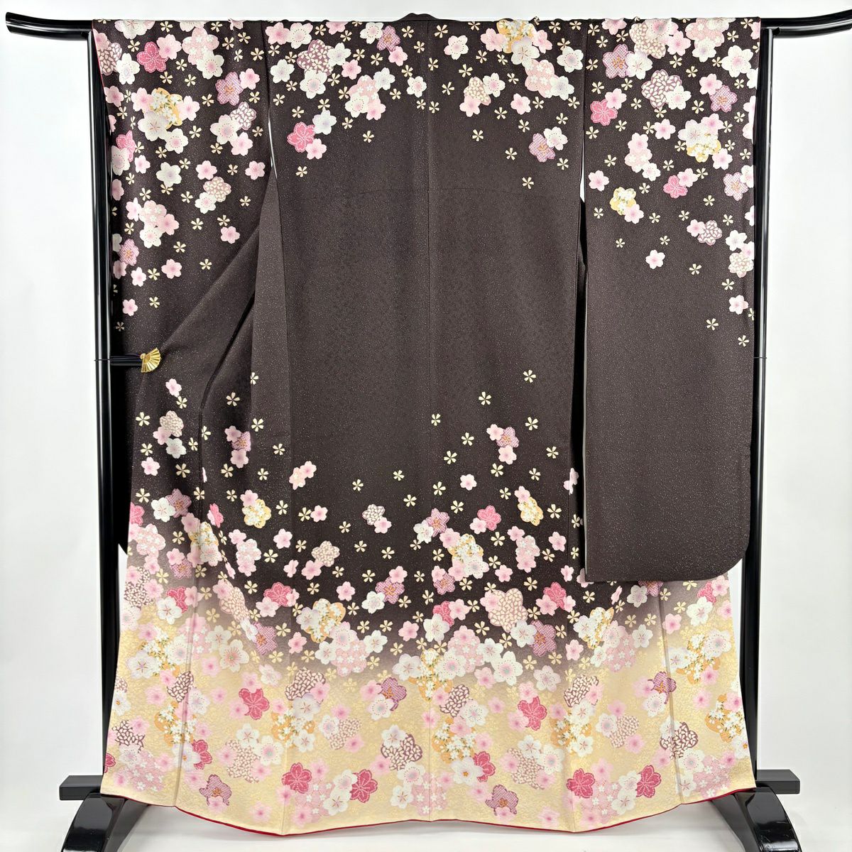【美品】振袖禮服 身長163.5cm 袖長68cm L 雙層 櫻花 金銀彩 拉麵 茶紫 純蠶絲 名品級