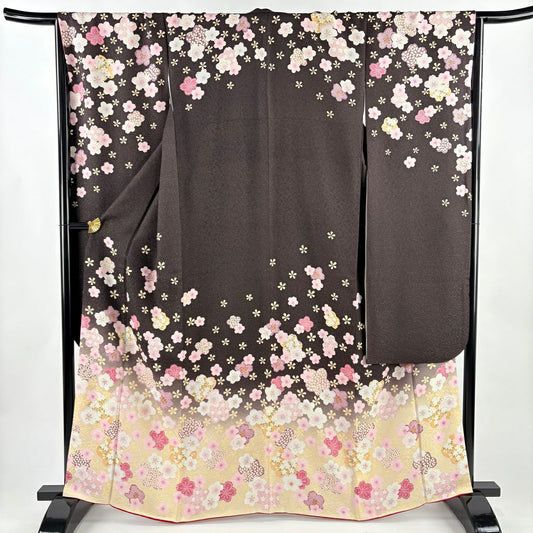 【美品】振袖禮服 身長163.5cm 袖長68cm L 雙層 櫻花 金銀彩 拉麵 茶紫 純蠶絲 名品級