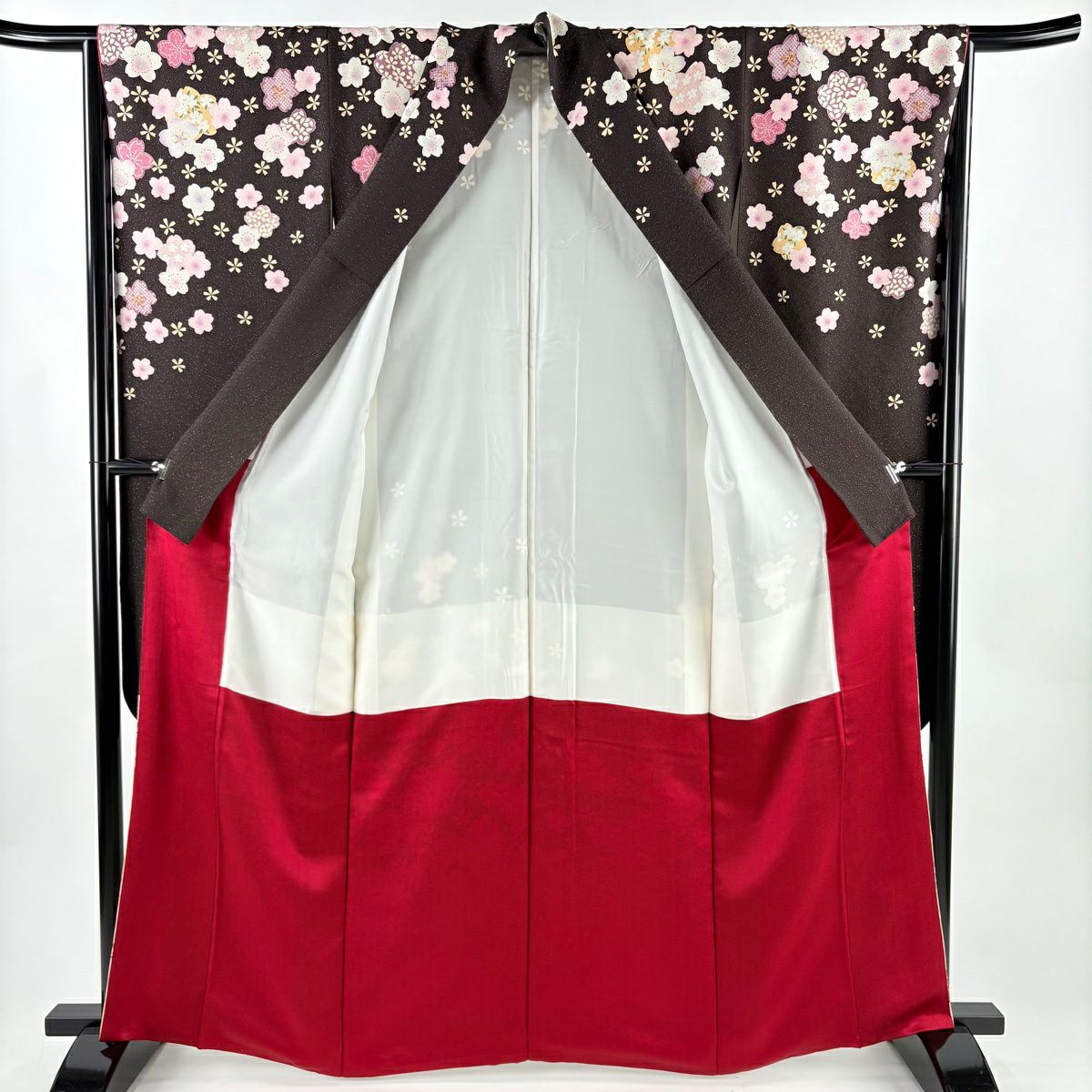 【美品】振袖禮服 身長163.5cm 袖長68cm L 雙層 櫻花 金銀彩 拉麵 茶紫 純蠶絲 名品級