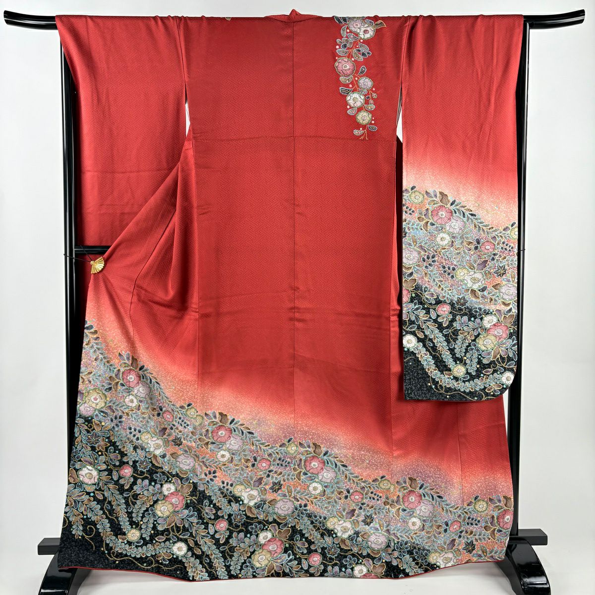 振袖禮服 身長166.5cm 袖長67.5cm L 雙層 落款あり 辻花染 金銀彩 漸層 茜 純蠶絲 名品級