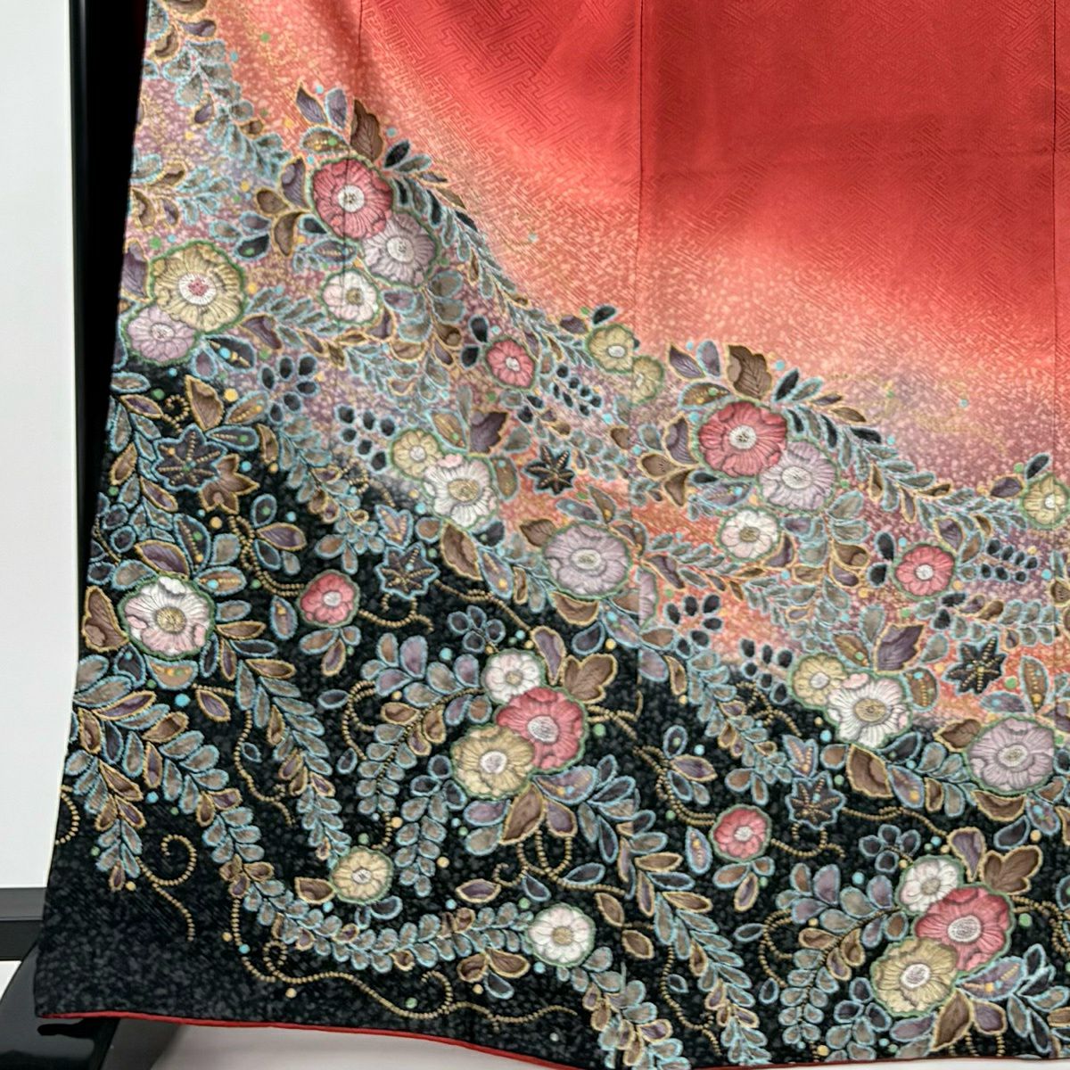 振袖禮服 身長166.5cm 袖長67.5cm L 雙層 落款あり 辻花染 金銀彩 漸層 茜 純蠶絲 名品級