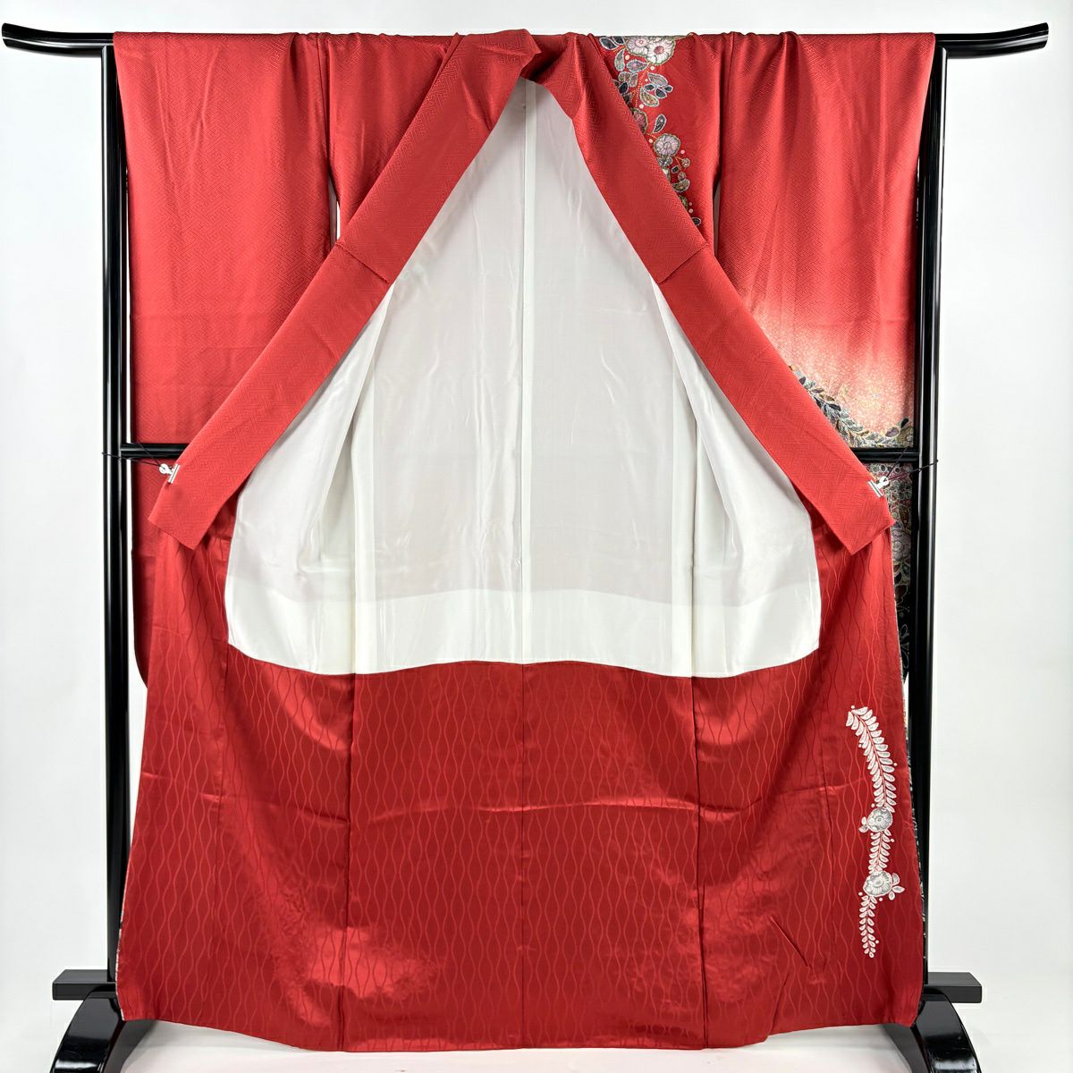 振袖禮服 身長166.5cm 袖長67.5cm L 雙層 落款あり 辻花染 金銀彩 漸層 茜 純蠶絲 名品級