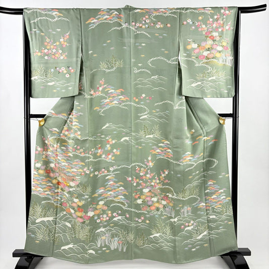 訪問服 身長161cm 袖長67cm M 雙層 松樹竹子梅花 菊花 刺繡 金糸 灰綠 純蠶絲 名品級