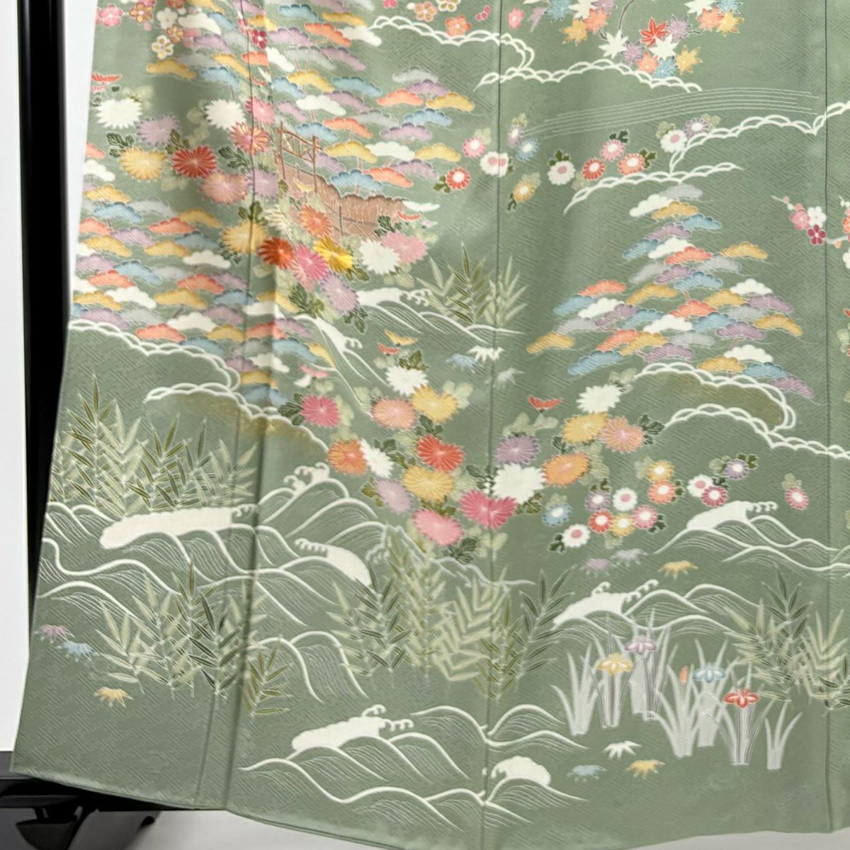 訪問服 身長161cm 袖長67cm M 雙層 松樹竹子梅花 菊花 刺繡 金糸 灰綠 純蠶絲 名品級