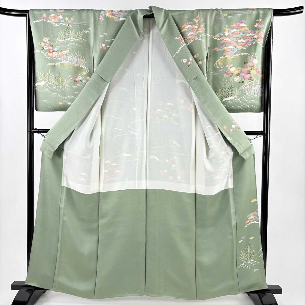 訪問服 身長161cm 袖長67cm M 雙層 松樹竹子梅花 菊花 刺繡 金糸 灰綠 純蠶絲 名品級