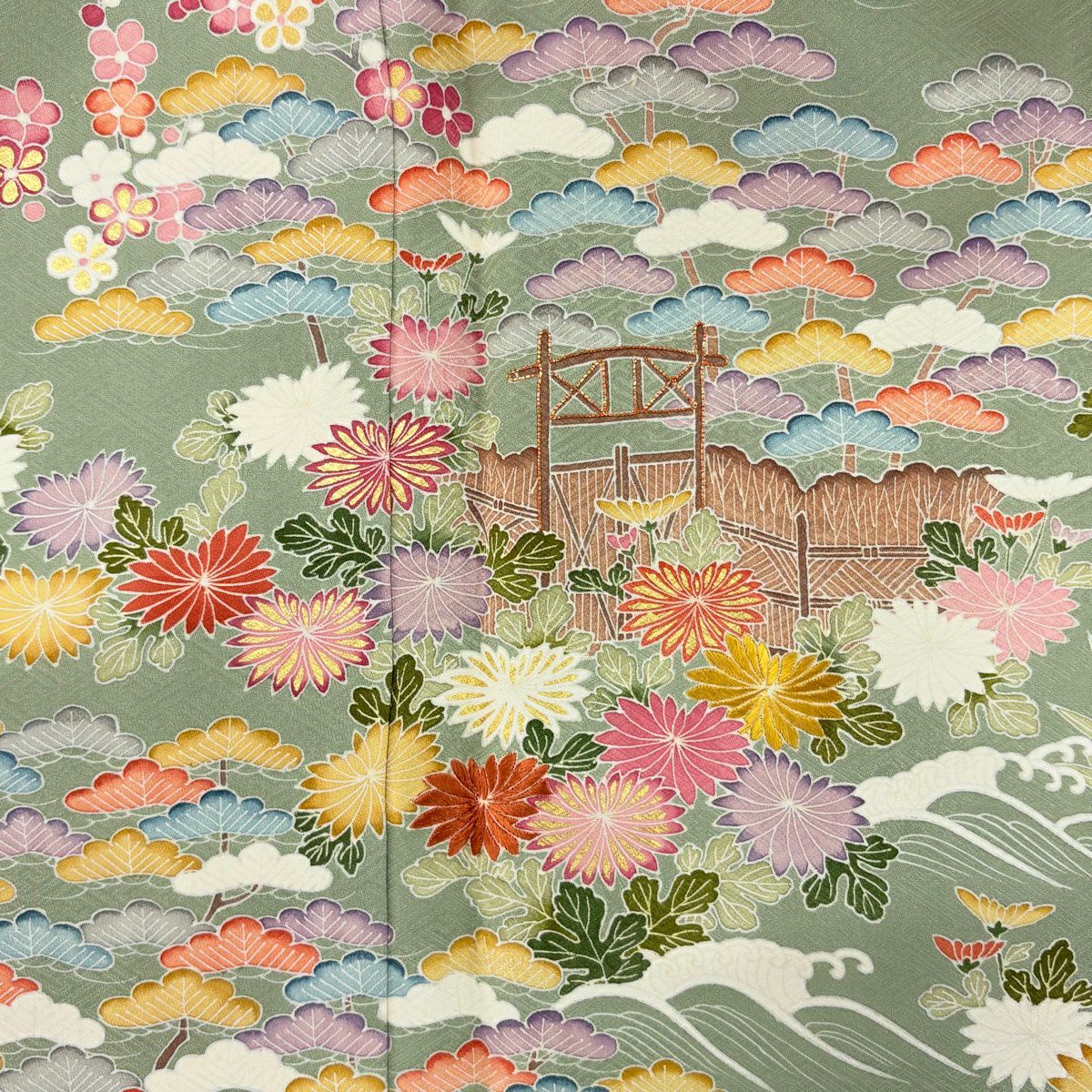 訪問服 身長161cm 袖長67cm M 雙層 松樹竹子梅花 菊花 刺繡 金糸 灰綠 純蠶絲 名品級