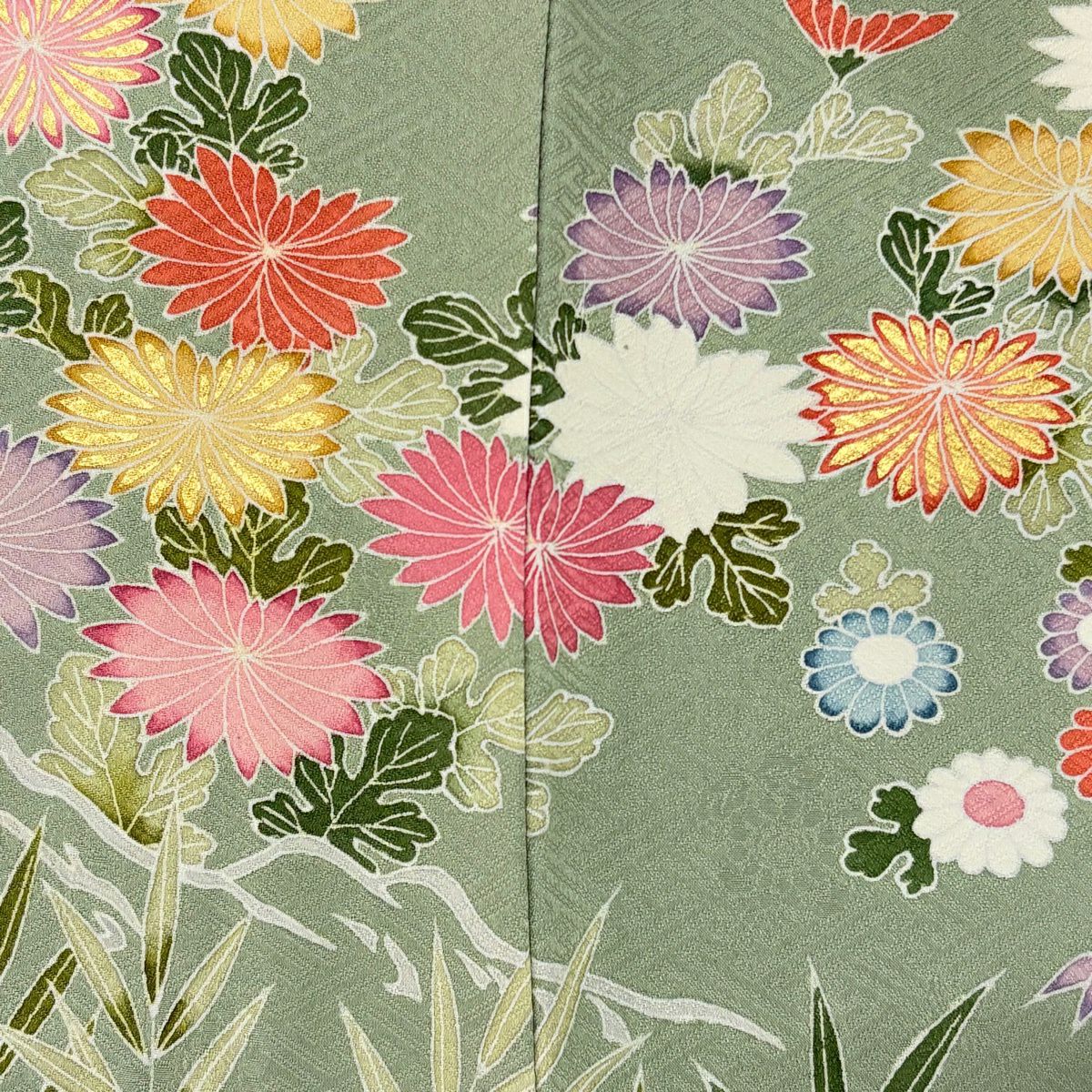訪問服 身長161cm 袖長67cm M 雙層 松樹竹子梅花 菊花 刺繡 金糸 灰綠 純蠶絲 名品級