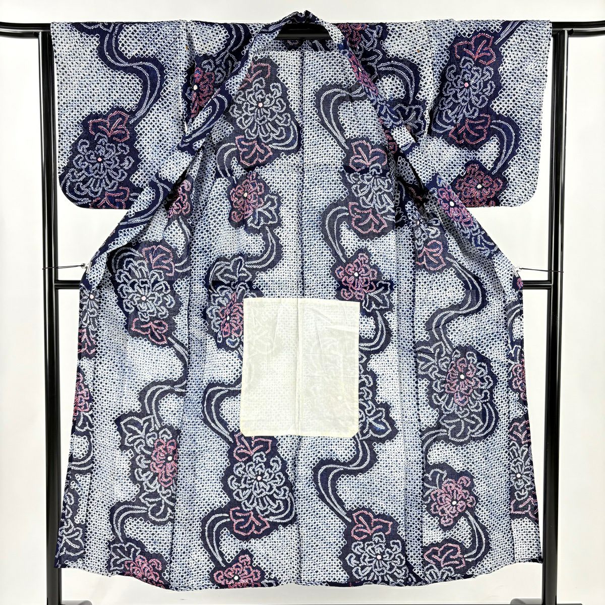 浴衣 身長148cm 袖長63.5cm S 絞染浴衣 草花紋紋 深藍 純棉 名品級