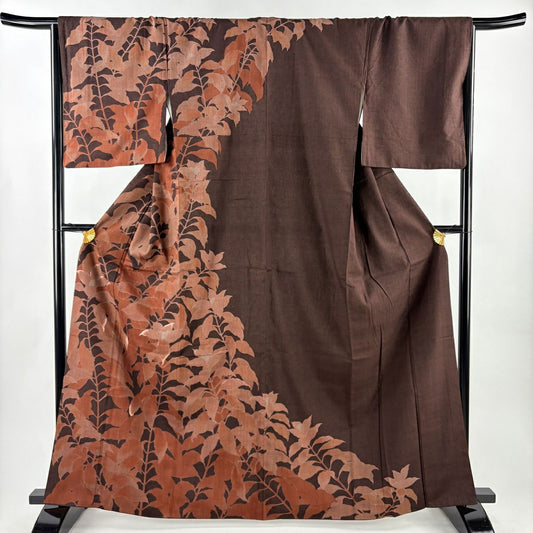 訪問服 身長164cm 袖長67cm M 雙層 紬織織 ますいわ屋 草花紋紋 刺繡 金彩裝飾 焦茶 純蠶絲 名品級