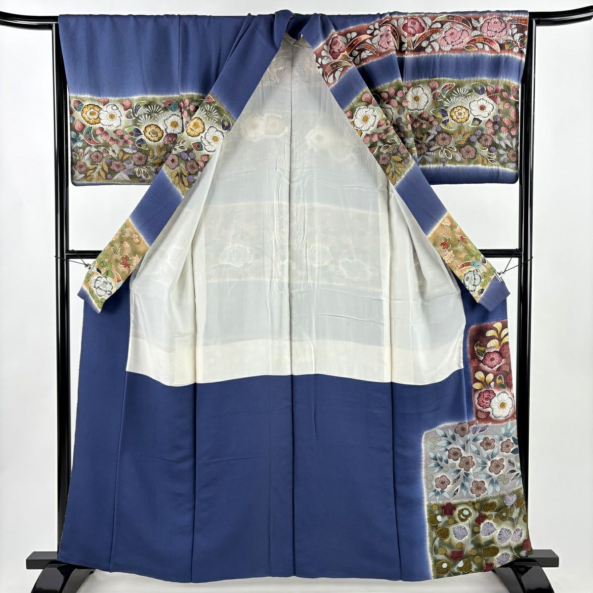 訪問服 身長159.5cm 袖長64cm M 雙層 落款あり 辻花染 標紋 絞染 漸層 青灰 純蠶絲 名品級