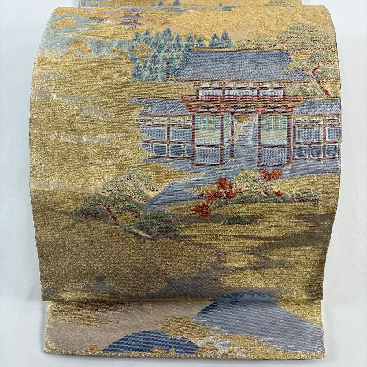 【美品】 袋帶 秀品級 關西仕立 建築 松樹 金金箔 金絲 金色 六通 純蠶絲
