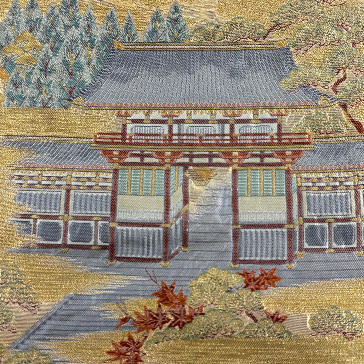 【美品】 袋帶 秀品級 關西仕立 建築 松樹 金金箔 金絲 金色 六通 純蠶絲