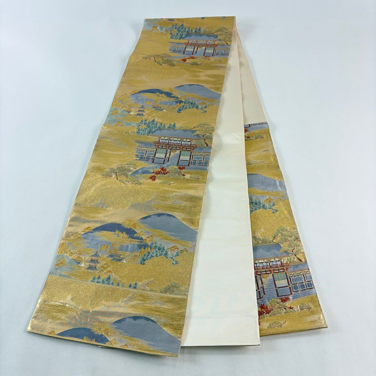 【美品】 袋帶 秀品級 關西仕立 建築 松樹 金金箔 金絲 金色 六通 純蠶絲