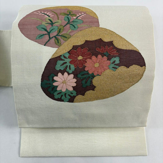 【美品】名古屋帶 秀品級 貝合 菊花 金絲 奶油色 純蠶絲