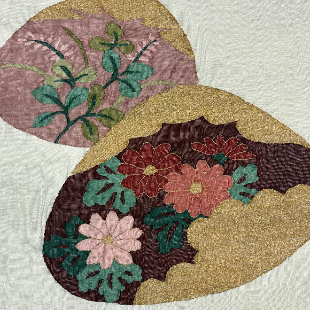 【美品】名古屋帶 秀品級 貝合 菊花 金絲 奶油色 純蠶絲