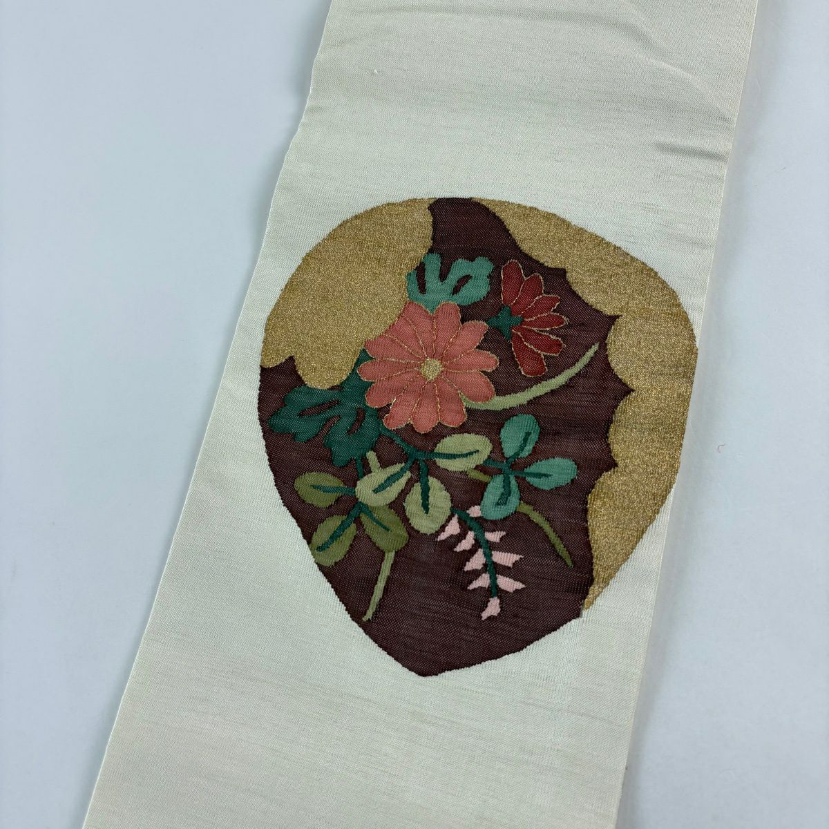 【美品】名古屋帶 秀品級 貝合 菊花 金絲 奶油色 純蠶絲