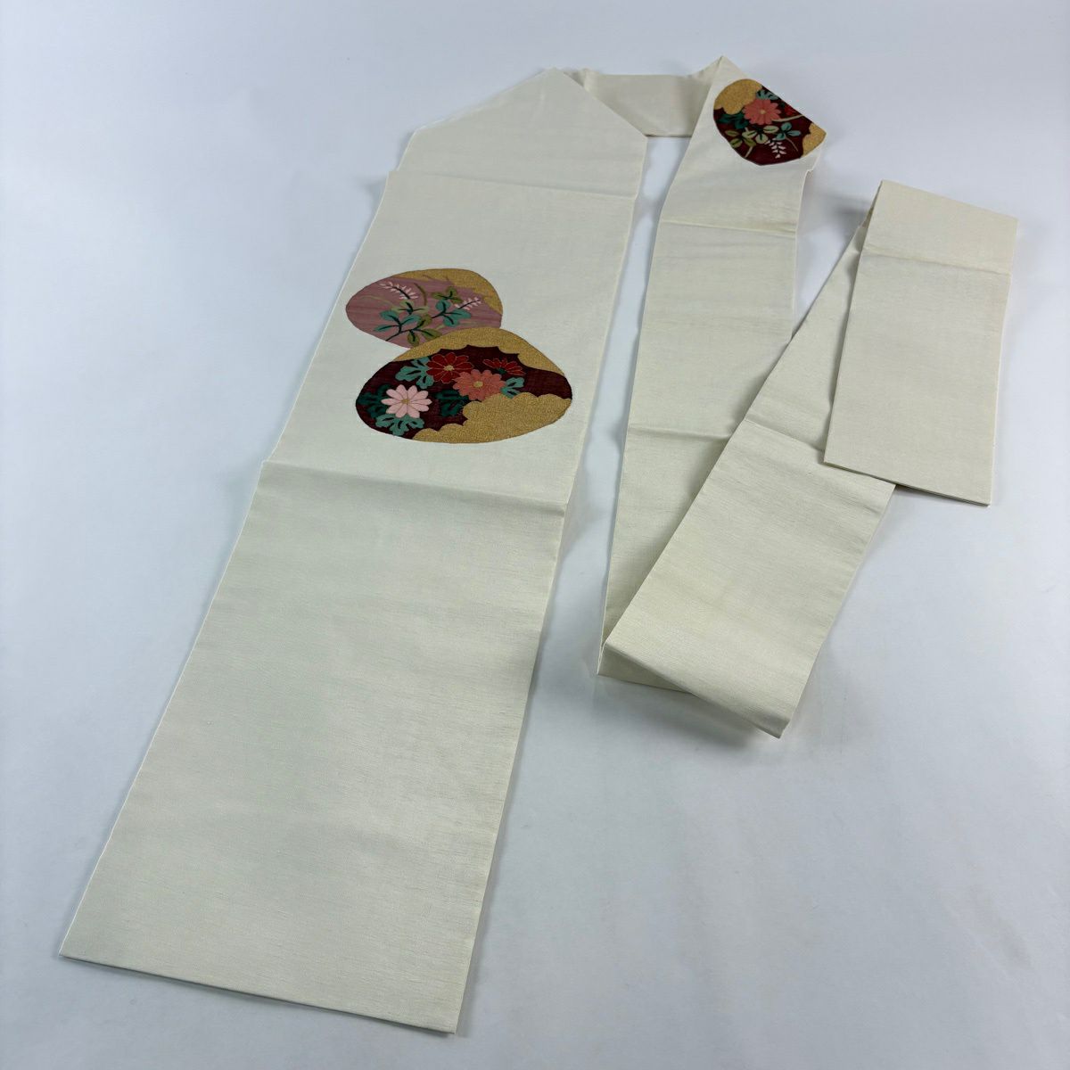 【美品】名古屋帶 秀品級 貝合 菊花 金絲 奶油色 純蠶絲