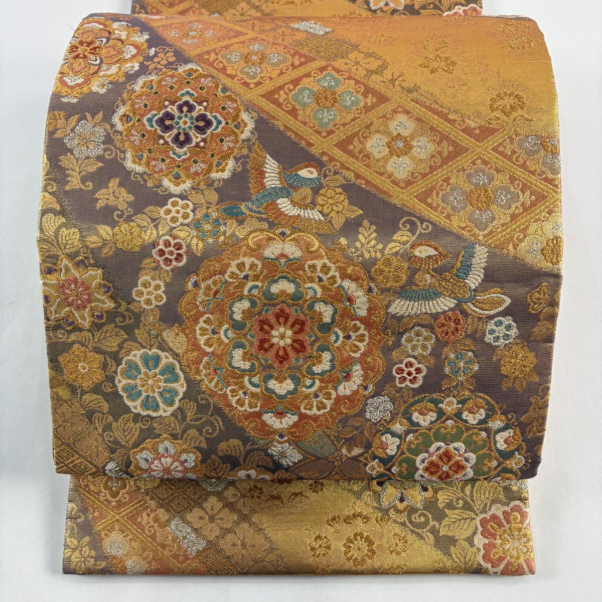【美品】 袋帶 秀品級 波取正倉院華紋 花喰鳥 金金箔 金絲 金色 六通 純蠶絲