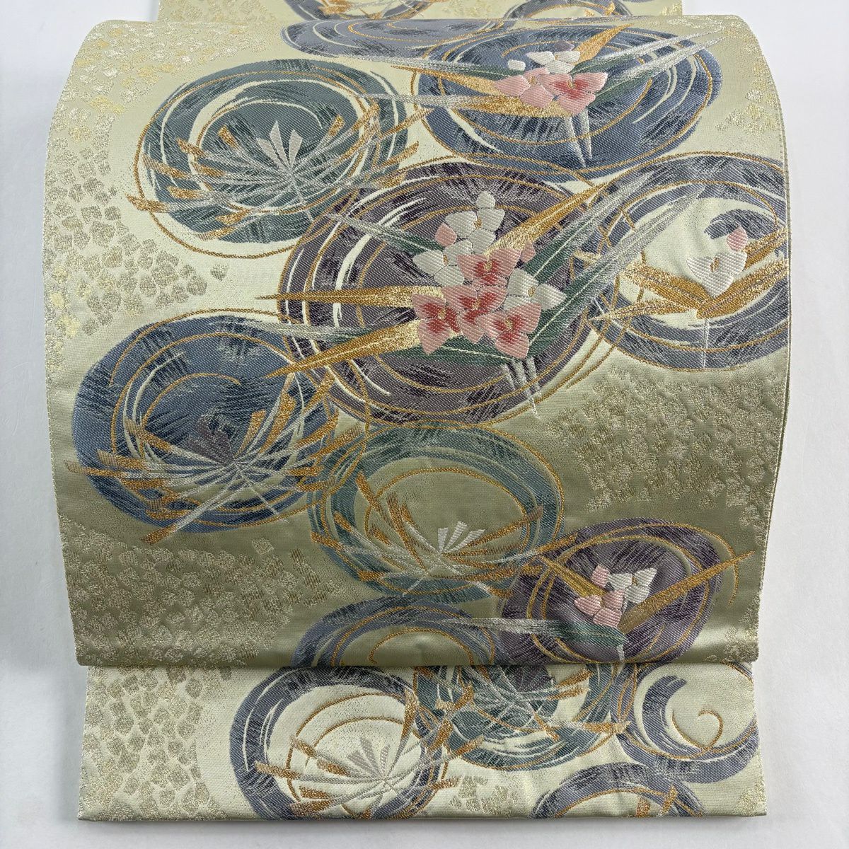 【美品】 袋帶 秀品級 證書齊全 草花紋 圓文 金金箔 金銀線 淺綠 六通 純蠶絲