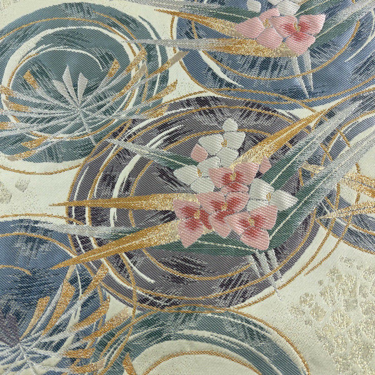 【美品】 袋帶 秀品級 證書齊全 草花紋 圓文 金金箔 金銀線 淺綠 六通 純蠶絲