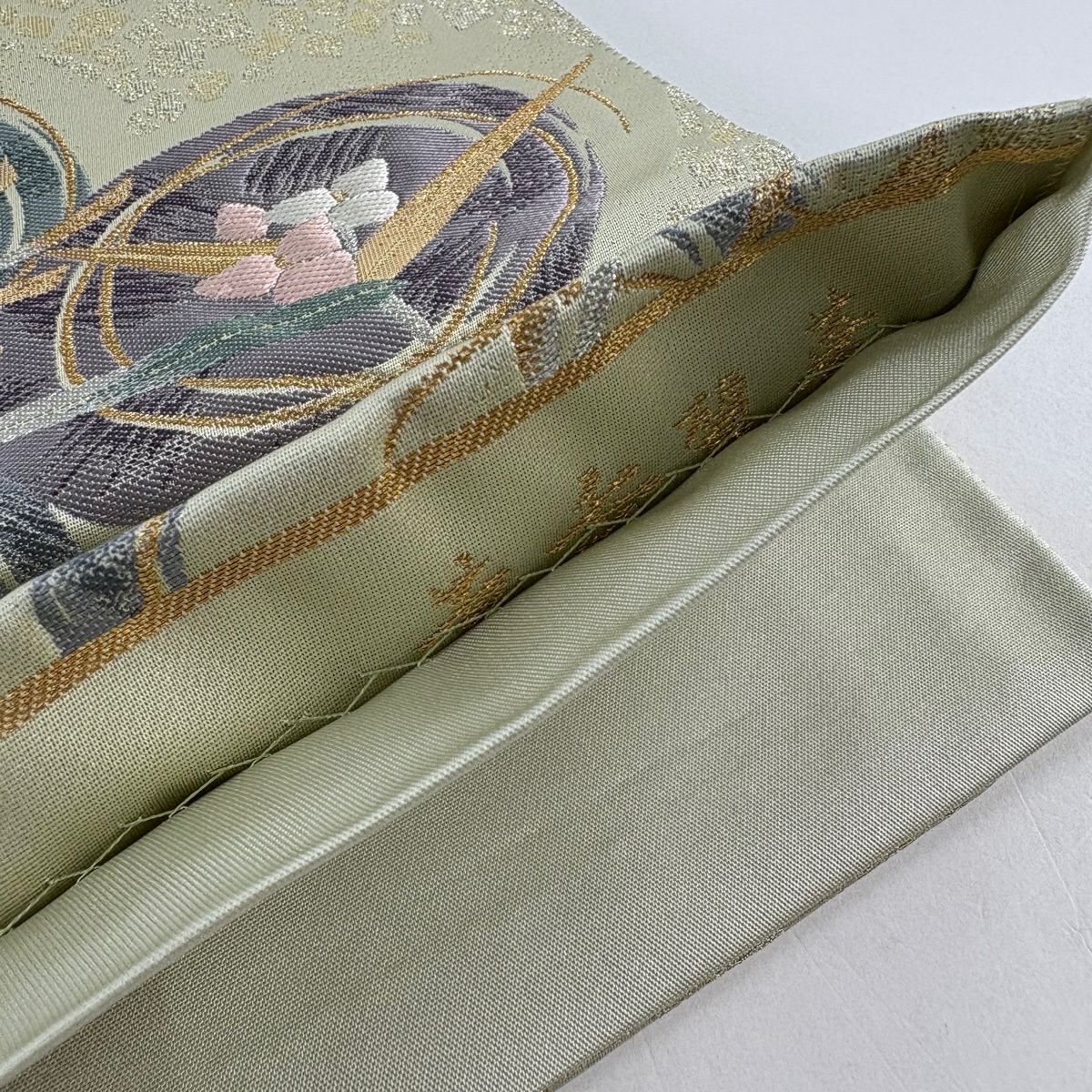 【美品】 袋帶 秀品級 證書齊全 草花紋 圓文 金金箔 金銀線 淺綠 六通 純蠶絲