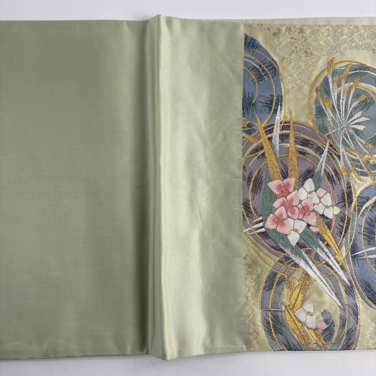 【美品】 袋帶 秀品級 證書齊全 草花紋 圓文 金金箔 金銀線 淺綠 六通 純蠶絲