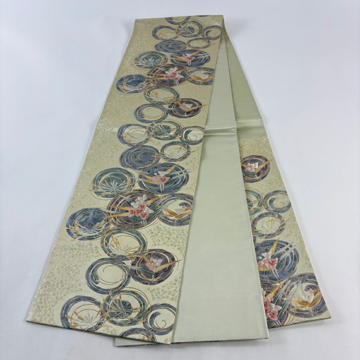 【美品】 袋帶 秀品級 證書齊全 草花紋 圓文 金金箔 金銀線 淺綠 六通 純蠶絲