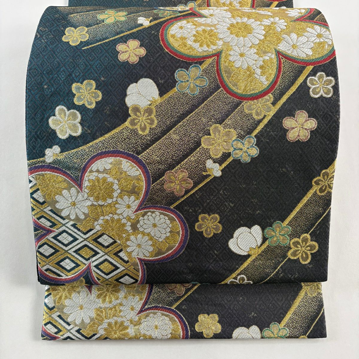 【美品】 袋帶 秀品級 振袖禮服禮服用 梅花 菊花 金金箔 金絲 青灰 六通 純蠶絲
