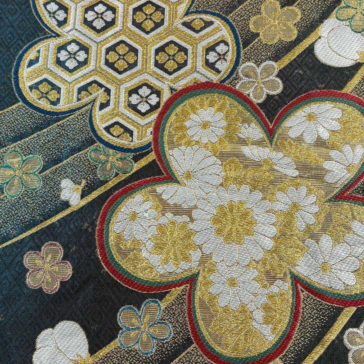 【美品】 袋帶 秀品級 振袖禮服禮服用 梅花 菊花 金金箔 金絲 青灰 六通 純蠶絲