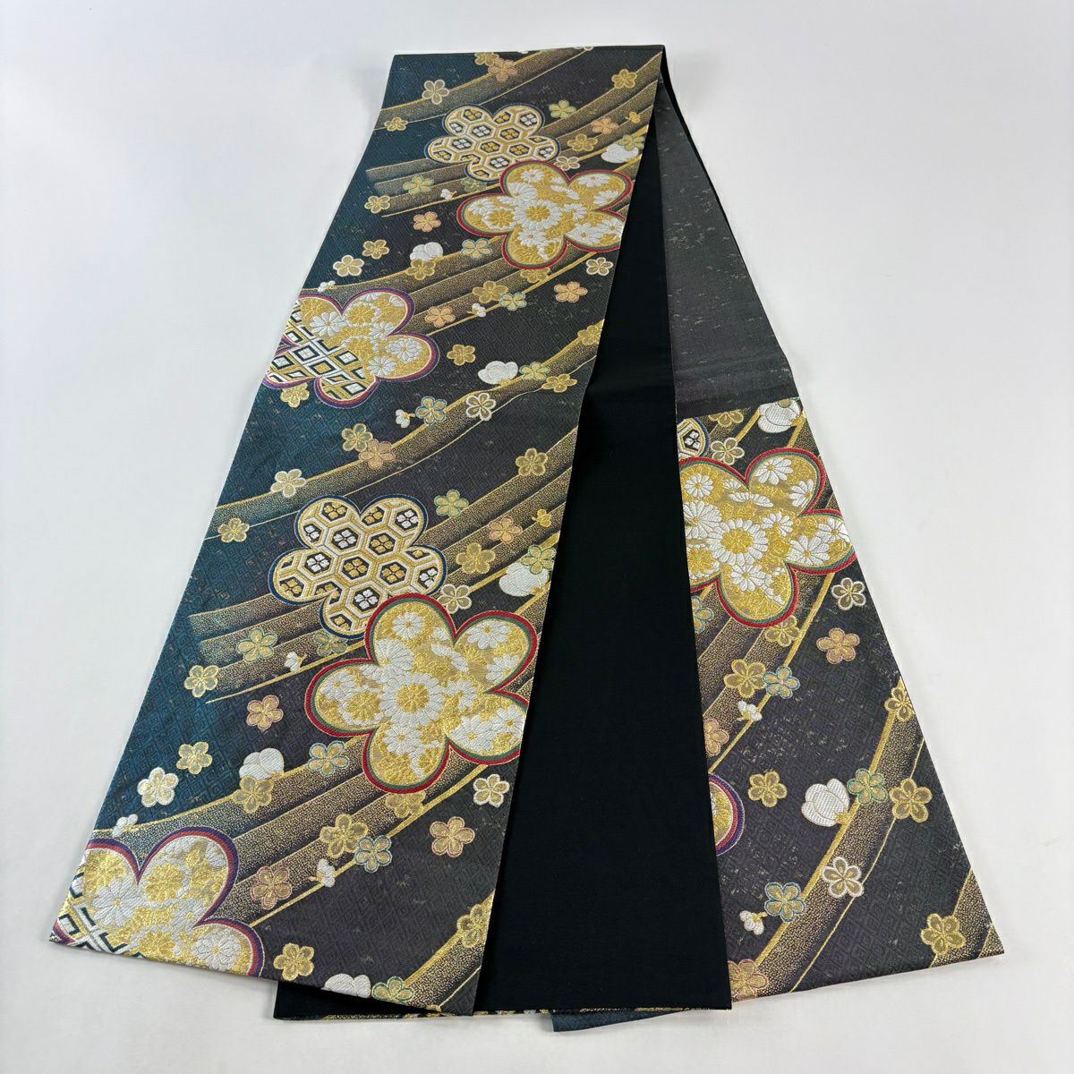 【美品】 袋帶 秀品級 振袖禮服禮服用 梅花 菊花 金金箔 金絲 青灰 六通 純蠶絲