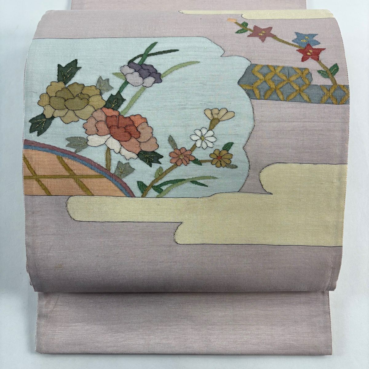 袋帶 優品級 牡丹 霞 金絲 淺粉紅 大鼓圖案 純蠶絲