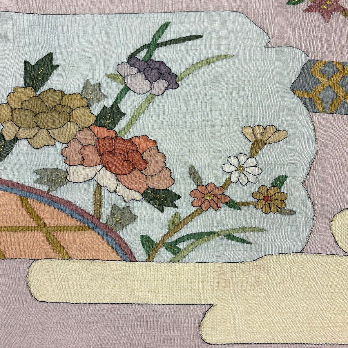 袋帶 優品級 牡丹 霞 金絲 淺粉紅 大鼓圖案 純蠶絲
