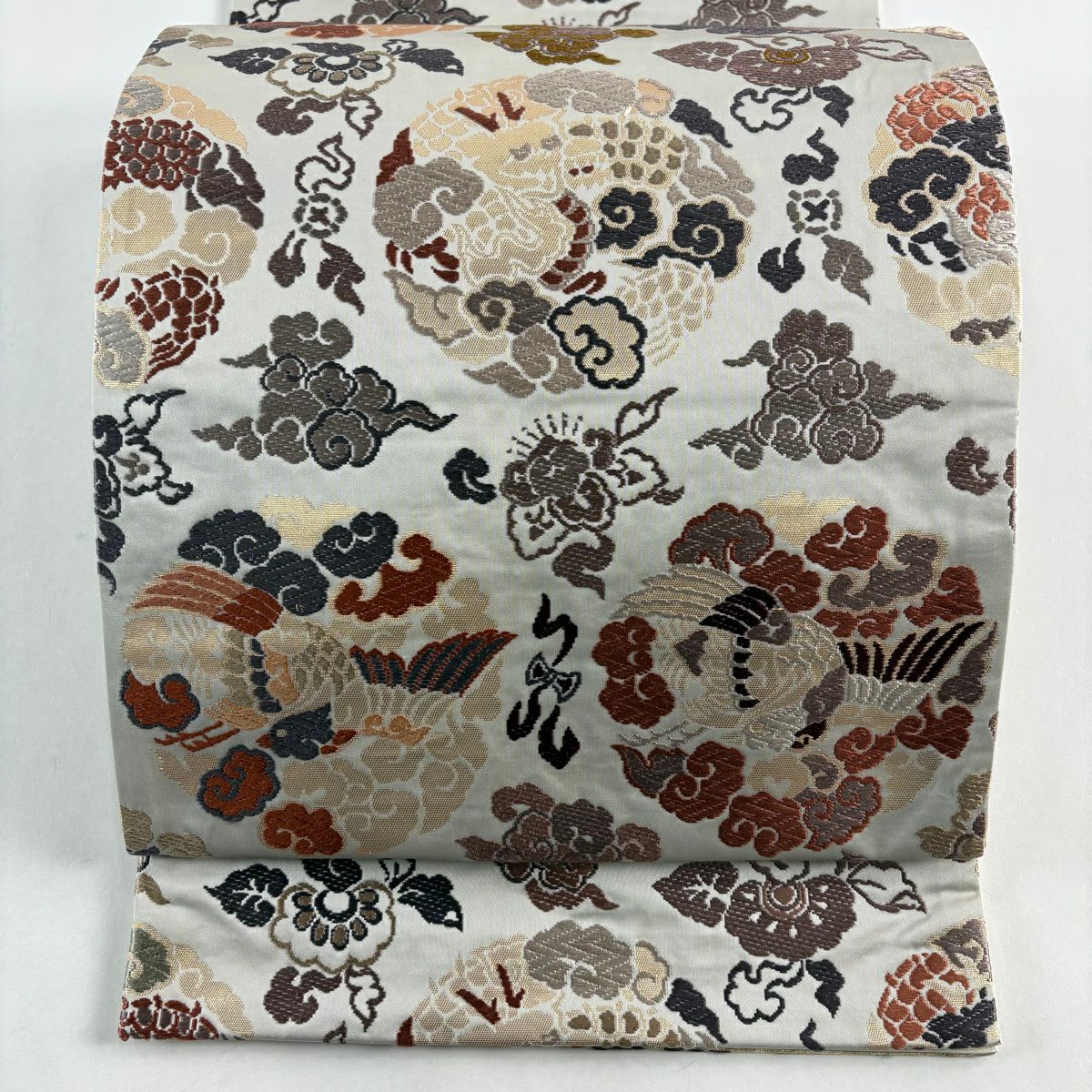 【美品】 袋帶 秀品級 龍 鳥 金金箔 唐織 灰色 六通 純蠶絲