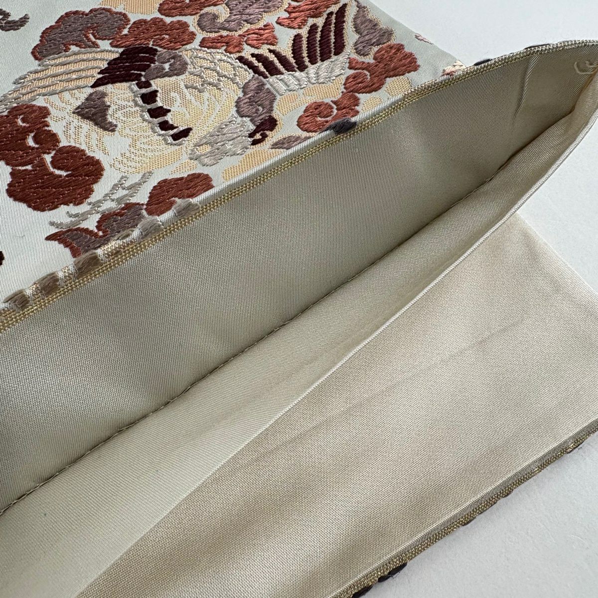 【美品】 袋帶 秀品級 龍 鳥 金金箔 唐織 灰色 六通 純蠶絲