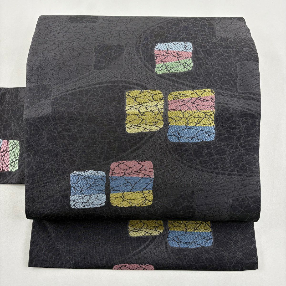 【美品】名古屋帶 秀品級 幾何學 黑灰 純蠶絲