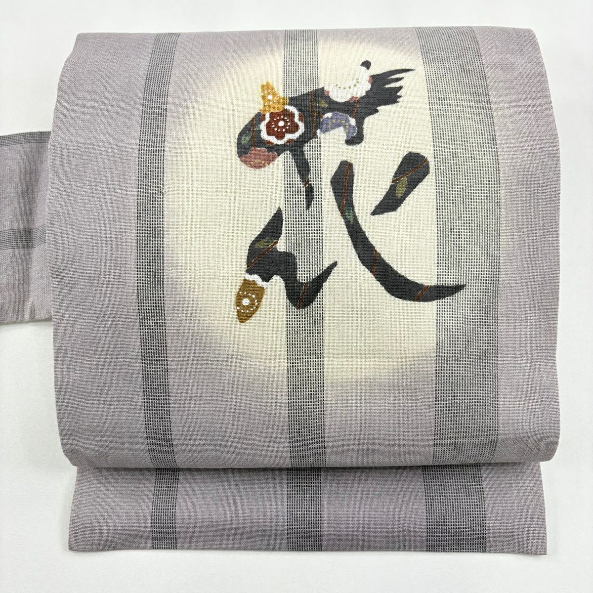 【美品】 名古屋帶 秀品級 枝花 文字文 漸層 灰紫 純蠶絲
