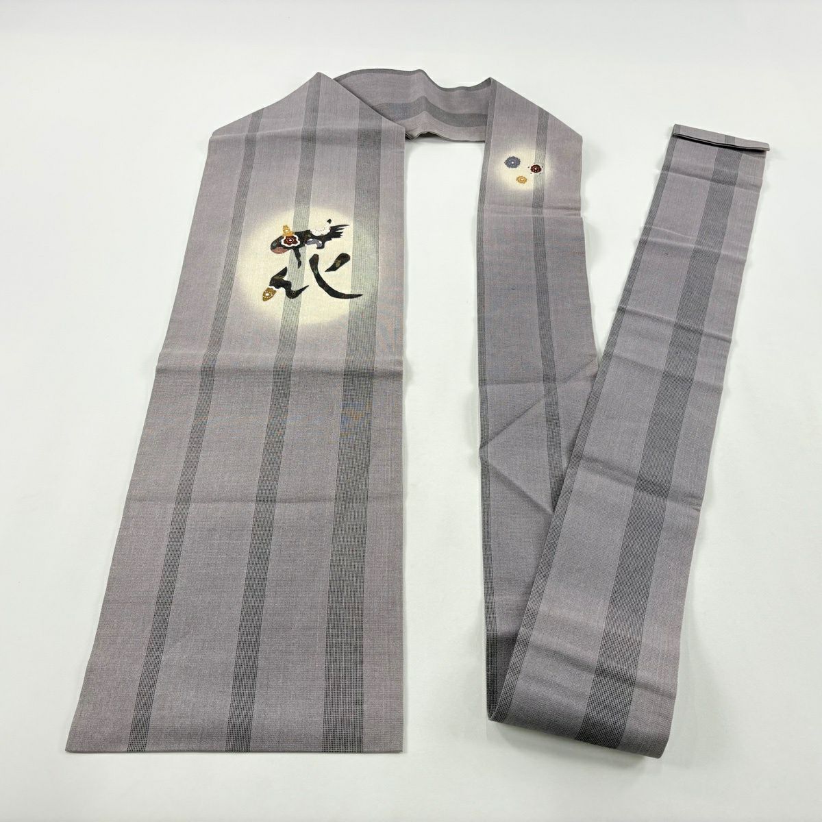 【美品】 名古屋帶 秀品級 枝花 文字文 漸層 灰紫 純蠶絲