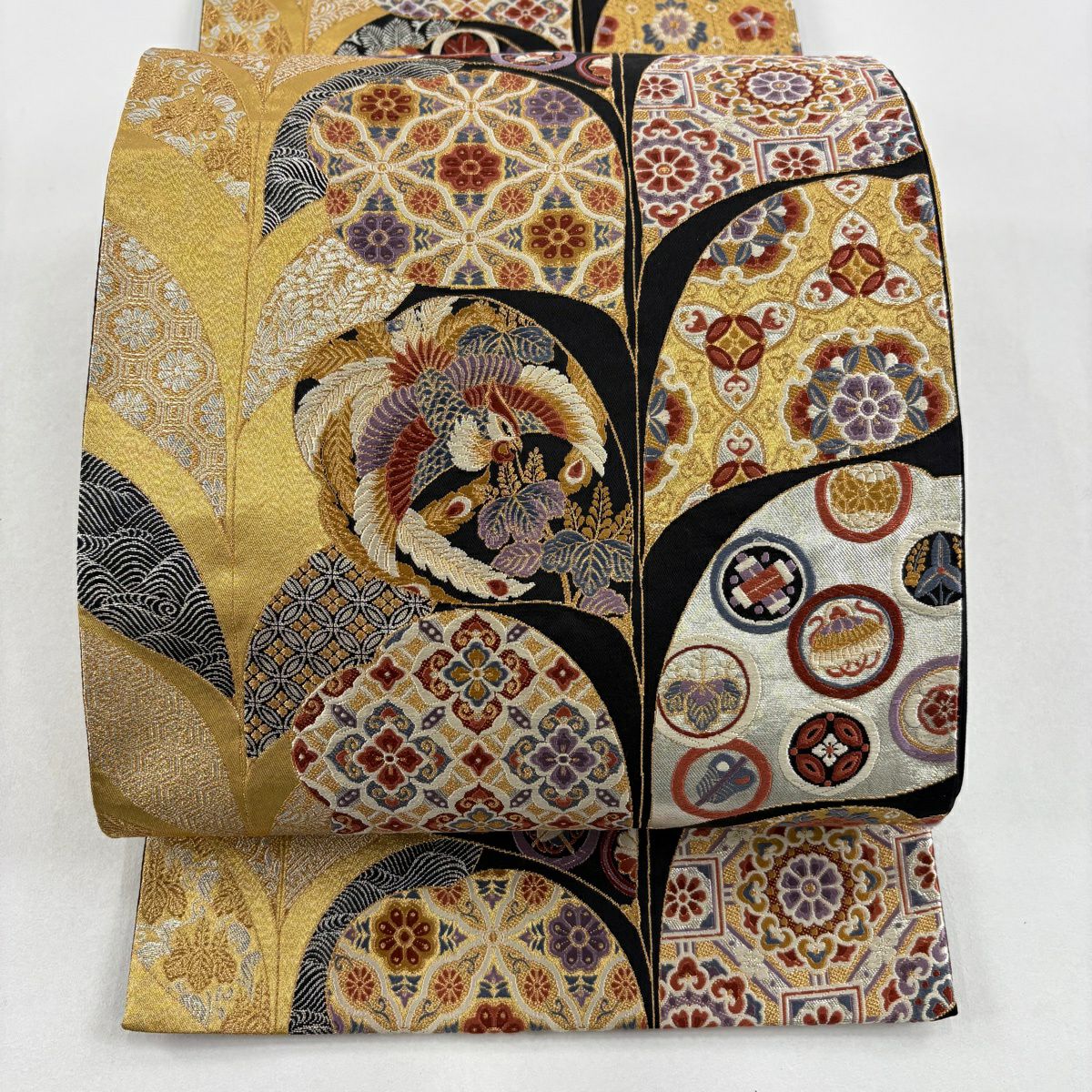 【美品】 袋帶 秀品級 華紋 花鳥 刺繡 金絲 金 六通 純蠶絲