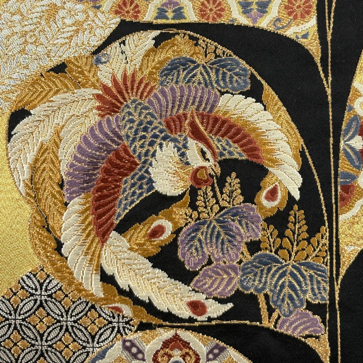 【美品】 袋帶 秀品級 華紋 花鳥 刺繡 金絲 金 六通 純蠶絲