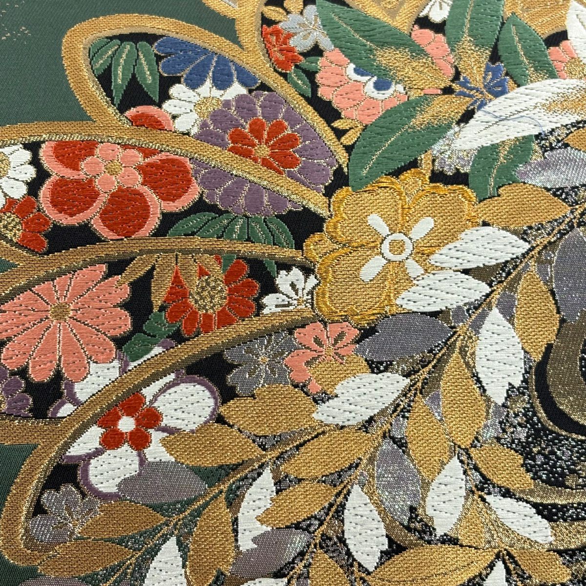 【美品】 袋帶 秀品級 鞠 草花紋 唐織 金金箔 深綠 六通 純蠶絲