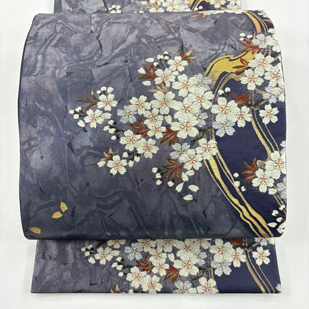 【美品】袋帶 秀品級 樱花 幾何學 唐織 金金箔 紫 六通 純蠶絲