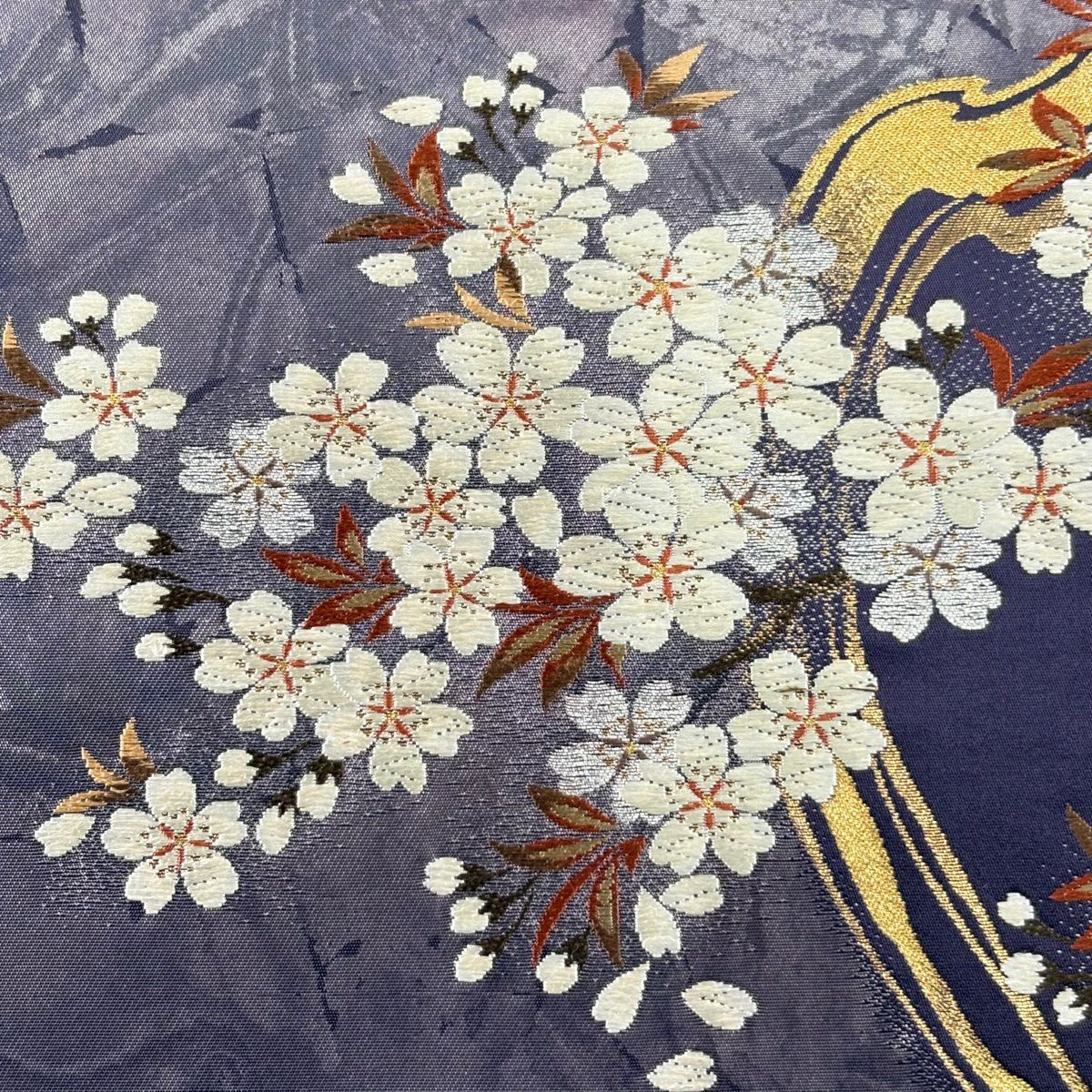 【美品】袋帶 秀品級 樱花 幾何學 唐織 金金箔 紫 六通 純蠶絲