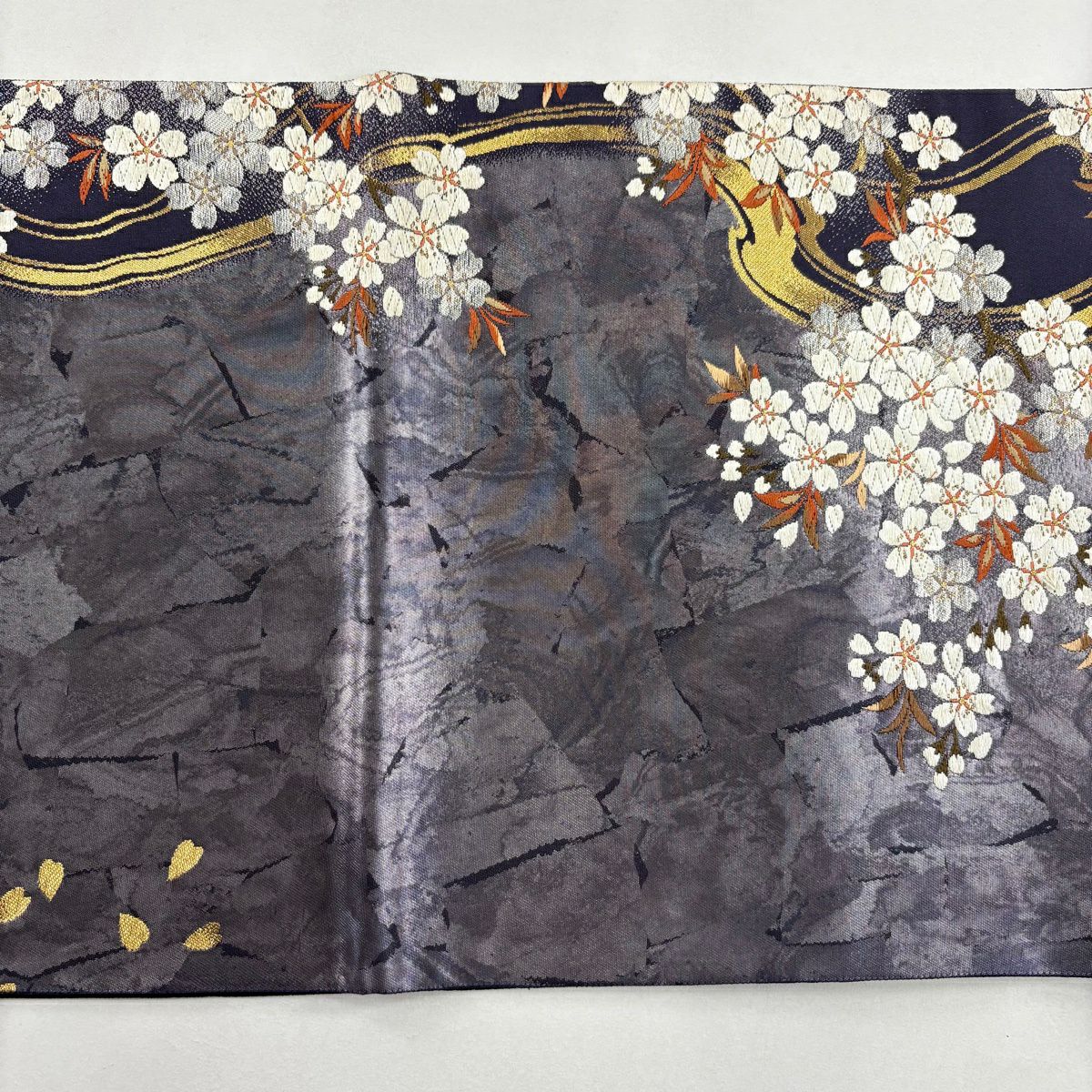 【美品】袋帶 秀品級 樱花 幾何學 唐織 金金箔 紫 六通 純蠶絲