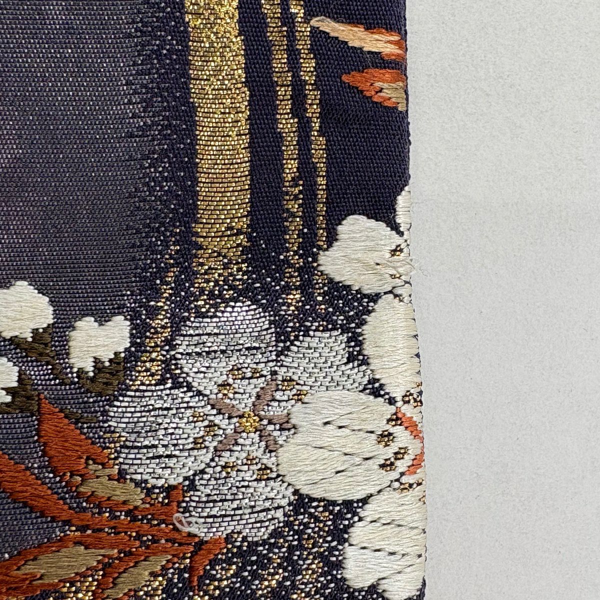 【美品】袋帶 秀品級 樱花 幾何學 唐織 金金箔 紫 六通 純蠶絲