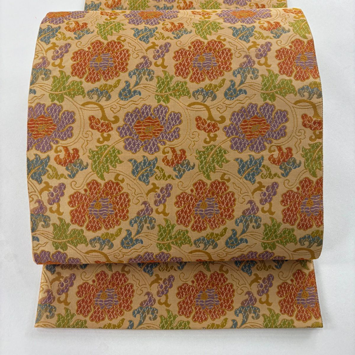 【美品】 袋帶 秀品級 花唐草紋 山吹茶 純蠶絲