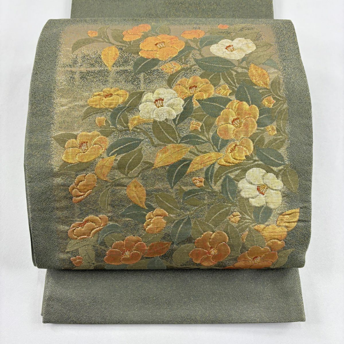【美品】 袋帶 秀品級 椿 金金箔 金絲 綠 お太鼓圖案 純蠶絲