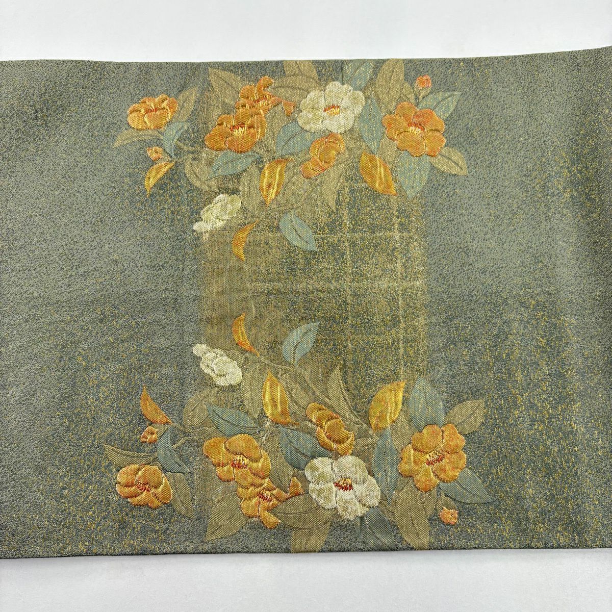 【美品】 袋帶 秀品級 椿 金金箔 金絲 綠 お太鼓圖案 純蠶絲